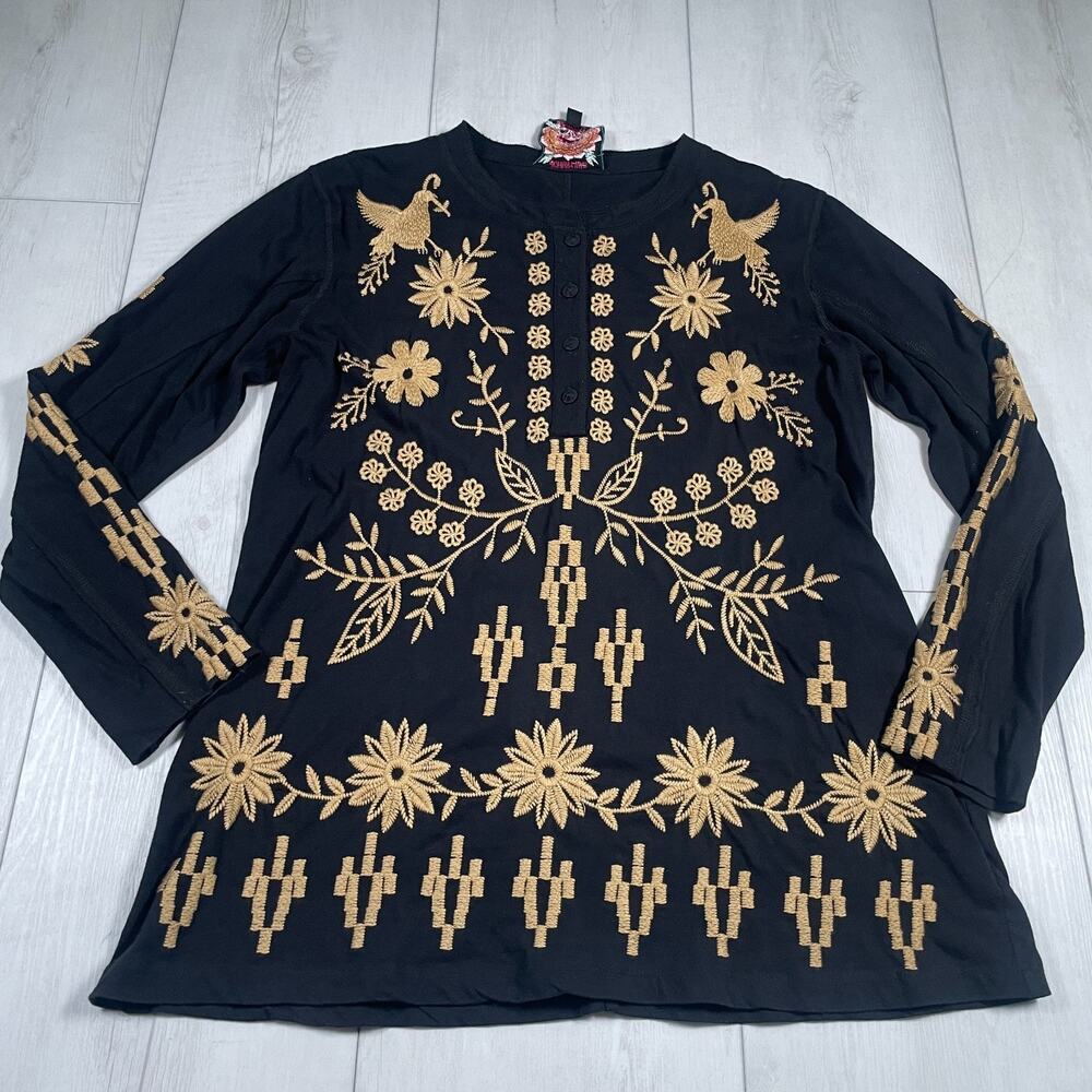 Johnny Was Women's Small Georgina Raw Seam Henley Shirt Black Boho Chic